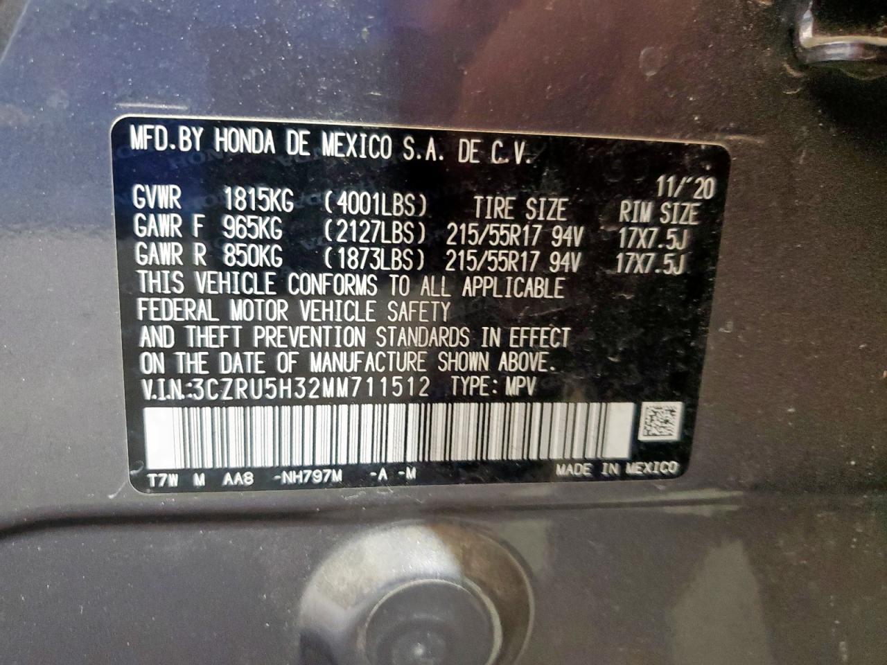 2021 Honda Hr-V Lx VIN: 3CZRU5H32MM711512 Lot: 84262185