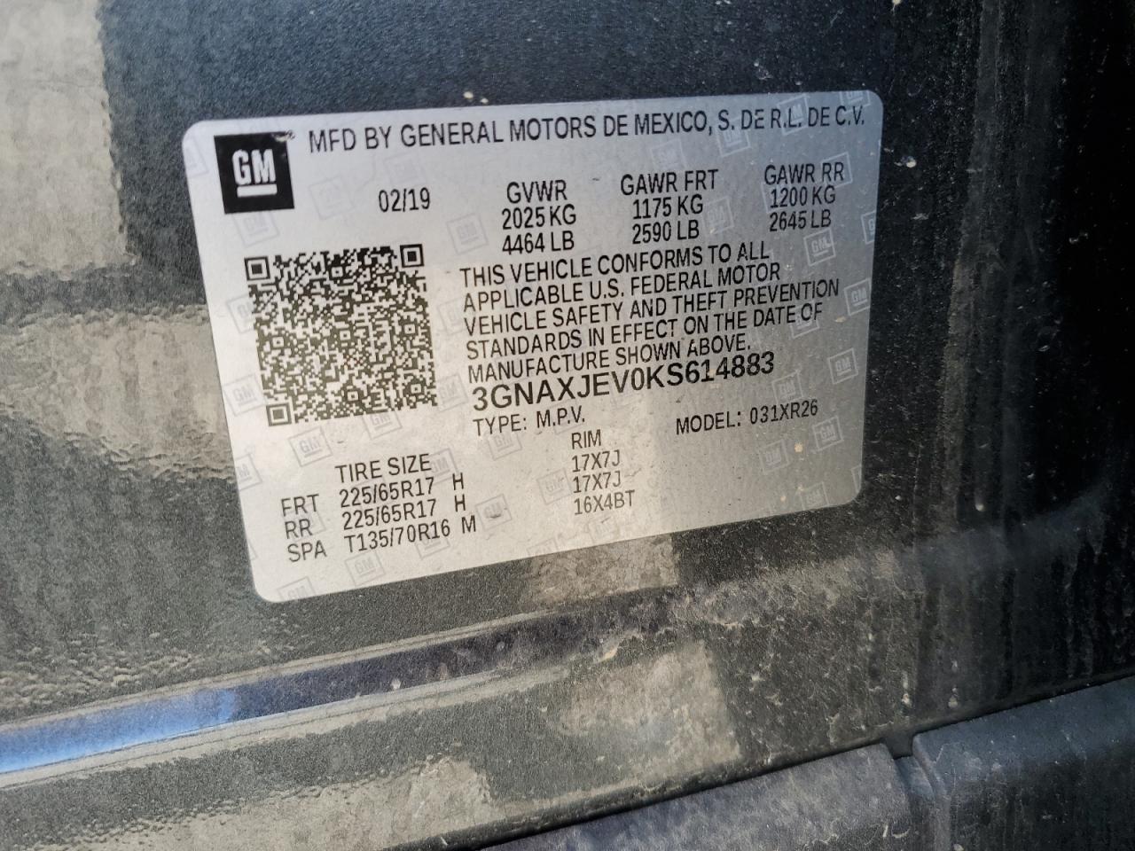 2019 Chevrolet Equinox Lt VIN: 3GNAXJEV0KS614883 Lot: 81861345