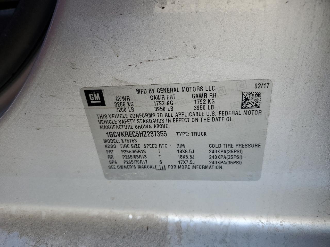 2017 Chevrolet Silverado K1500 Lt VIN: 1GCVKREC5HZ237355 Lot: 82060245