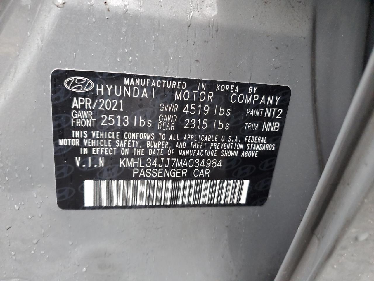 2021 Hyundai Sonata Hybrid VIN: KMHL34JJ7MA034984 Lot: 81724535