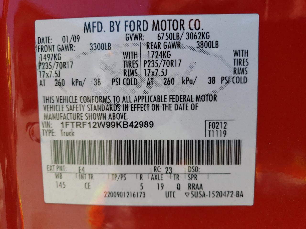 2009 Ford F150 VIN: 1FTRF12W99KB42989 Lot: 80277745