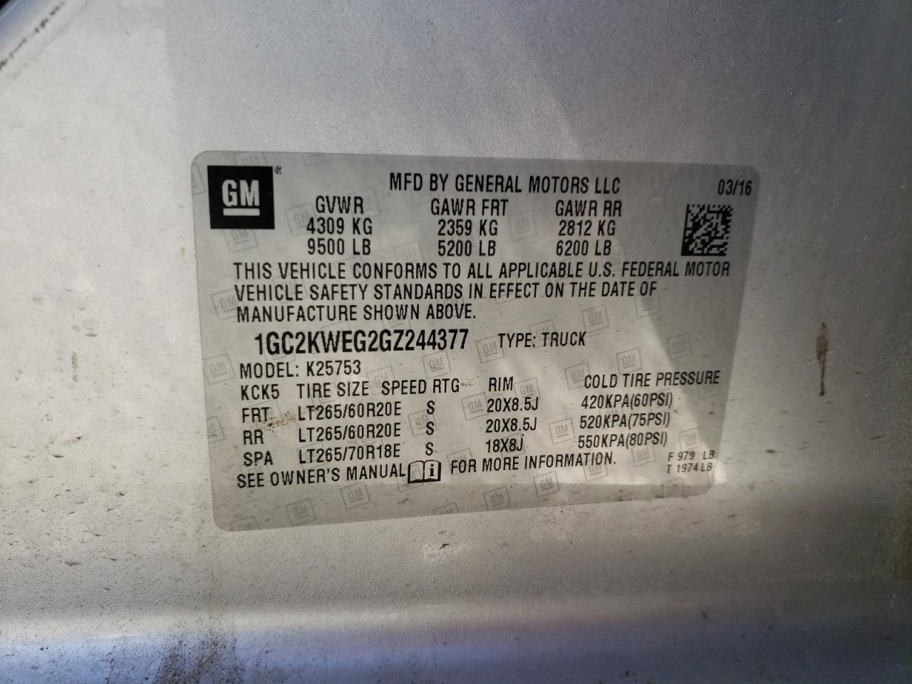 2016 Chevrolet Silverado K2500 Heavy Duty Ltz VIN: 1GC2KWEG2GZ244377 Lot: 81402355