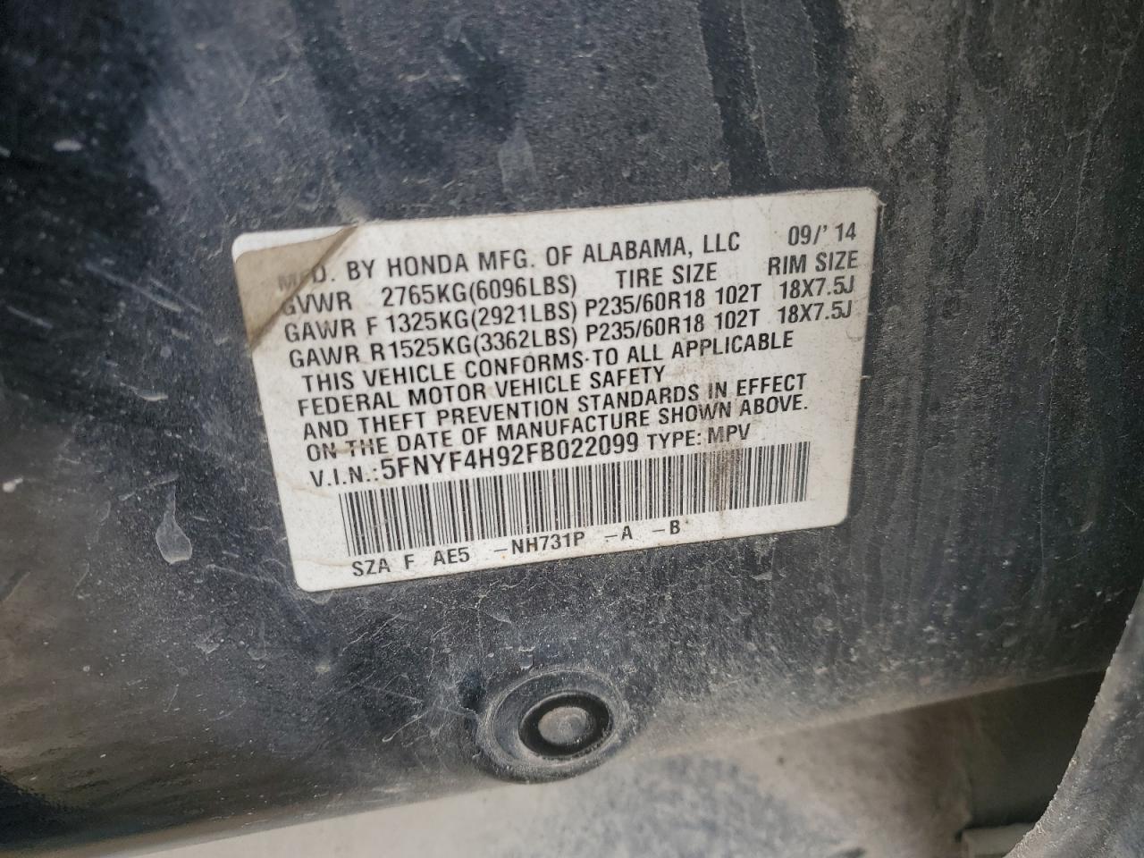 2015 Honda Pilot Touring VIN: 5FNYF4H92FB022099 Lot: 80913725