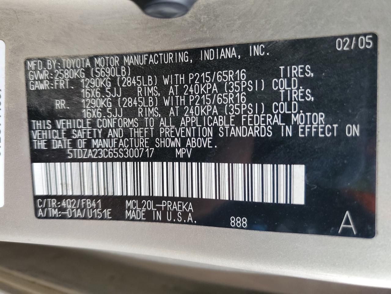 2005 Toyota Sienna Ce VIN: 5TDZA23C65S300717 Lot: 71493375