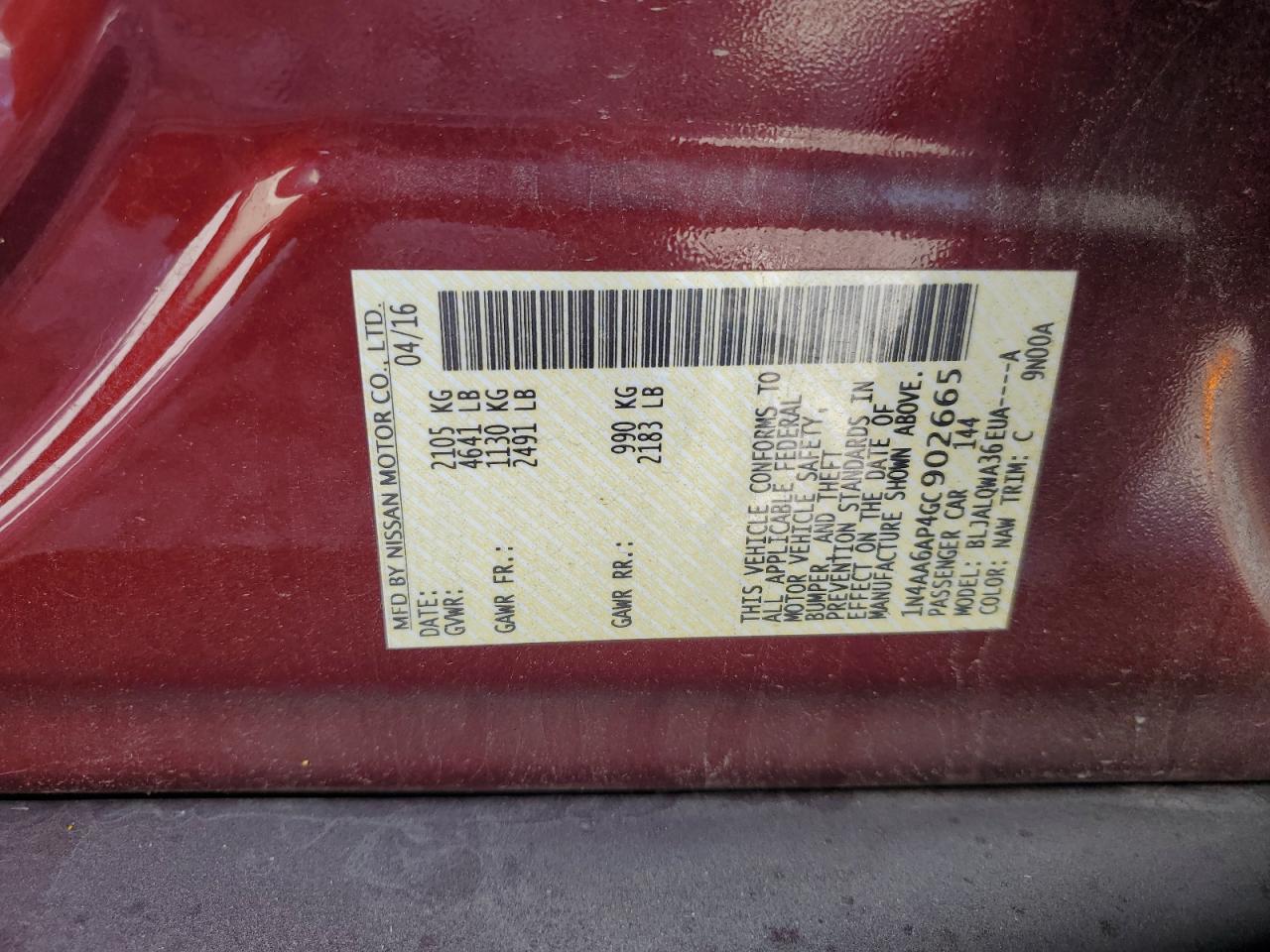 2016 Nissan Maxima 3.5S VIN: 1N4AA6AP4GC902665 Lot: 81013595