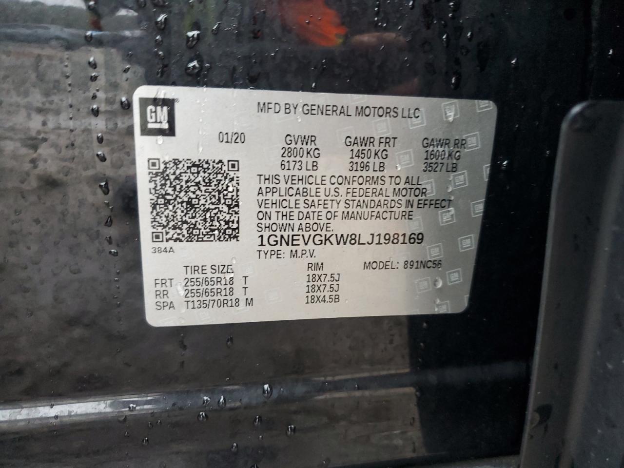 2020 Chevrolet Traverse Lt VIN: 1GNEVGKW8LJ198169 Lot: 82101825