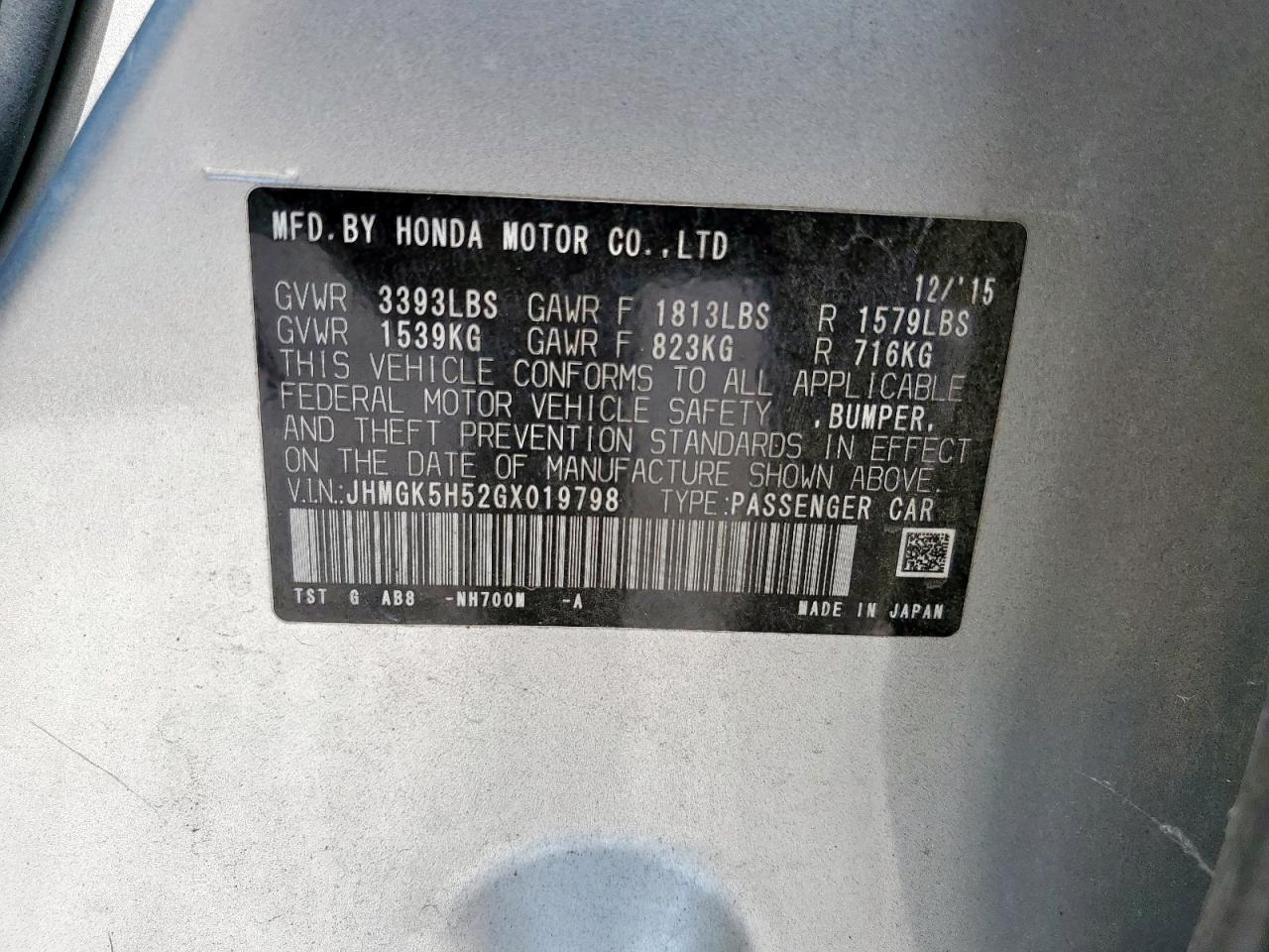 2016 Honda Fit Lx VIN: JHMGK5H52GX019798 Lot: 81247575