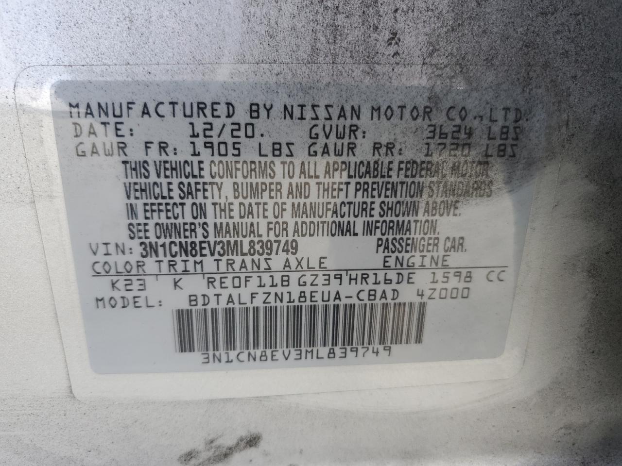 2021 Nissan Versa Sv VIN: 3N1CN8EV3ML839749 Lot: 83965255