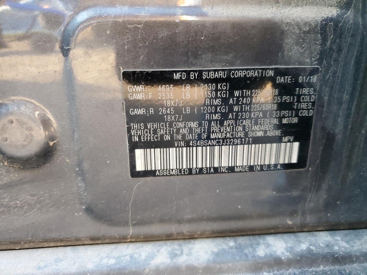 2018 Subaru Outback 2.5I Limited VIN: 4S4BSANC3J3296171 Lot: 80692055