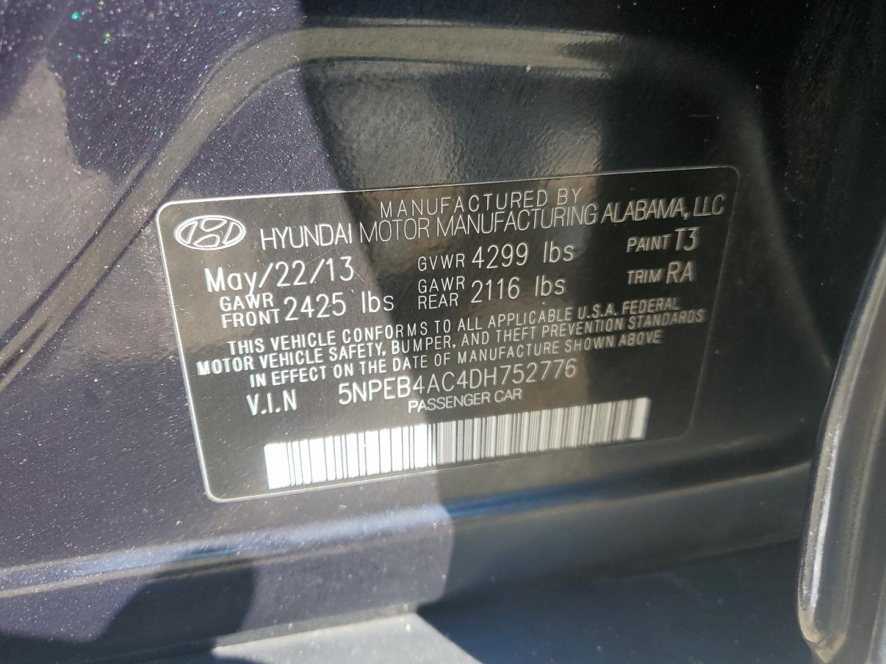 2013 Hyundai Sonata Gls VIN: 5NPEB4AC4DH752776 Lot: 80830405