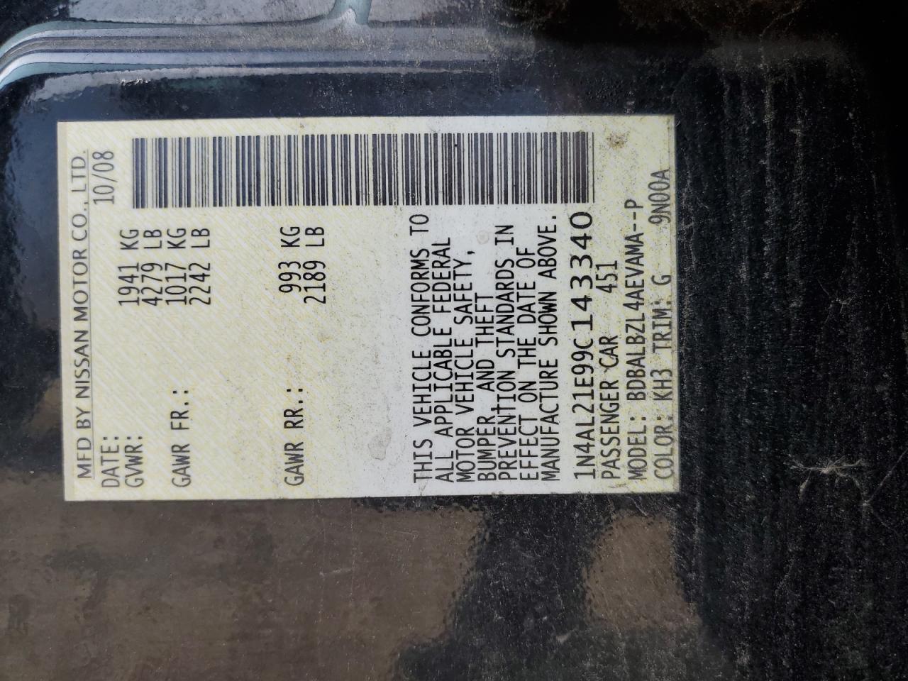 2009 Nissan Altima 2.5 VIN: 1N4AL21E99C143340 Lot: 82032155