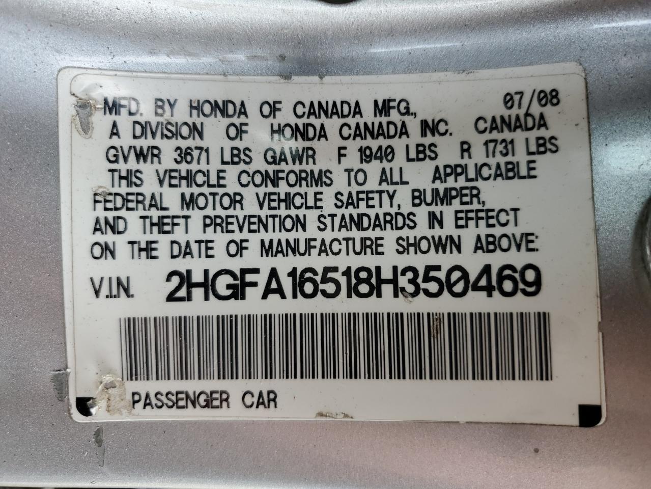 2008 Honda Civic Lx VIN: 2HGFA16518H350469 Lot: 81430965