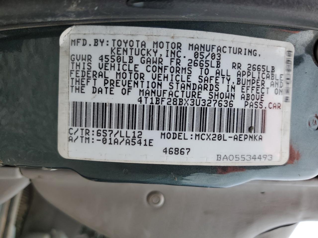 2003 Toyota Avalon Xl VIN: 4T1BF28BX3U327636 Lot: 81826135