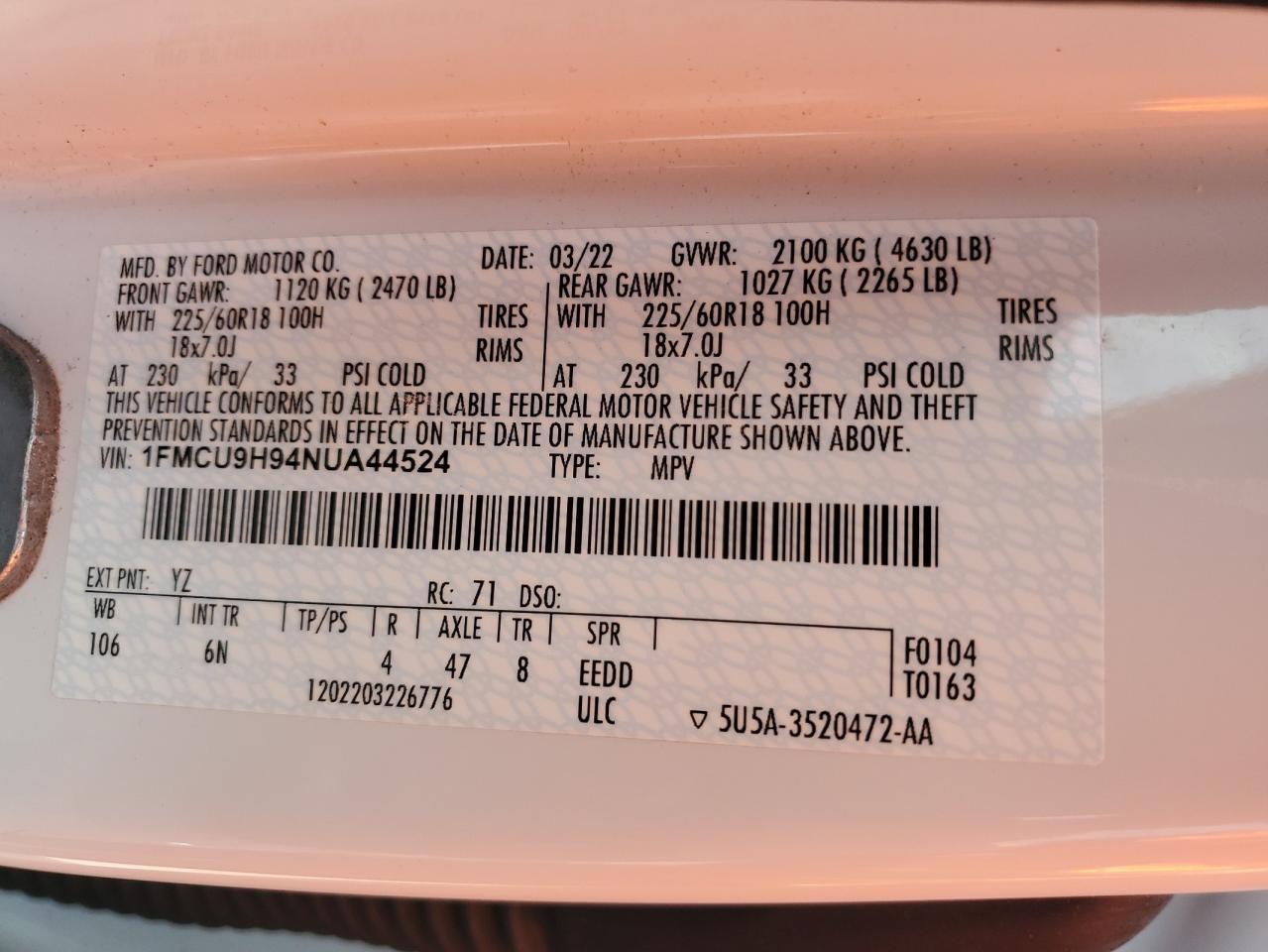 2022 Ford Escape Sel VIN: 1FMCU9H94NUA44524 Lot: 80536295