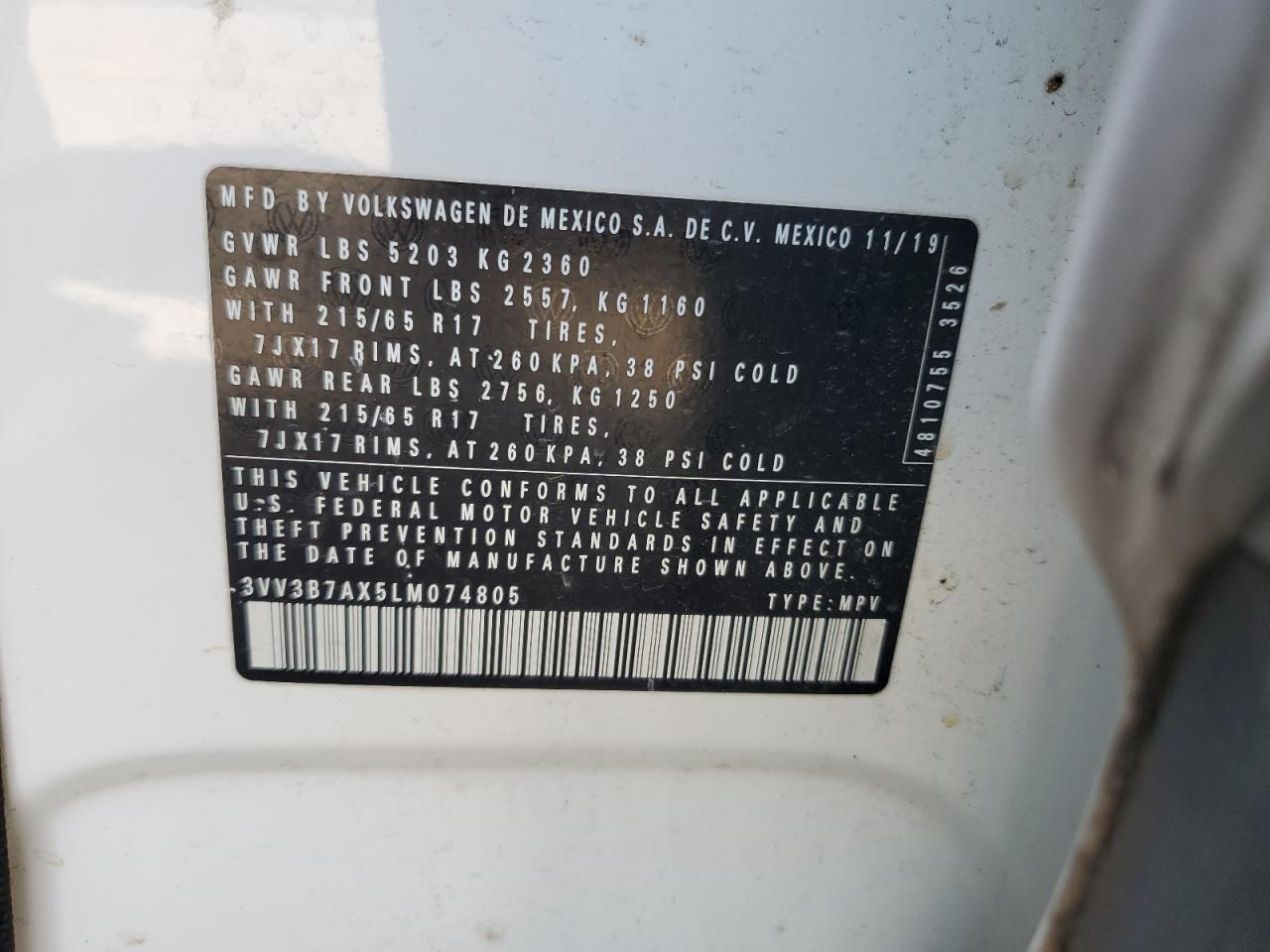 2020 Volkswagen Tiguan Se VIN: 3VV3B7AX5LM074805 Lot: 81954255