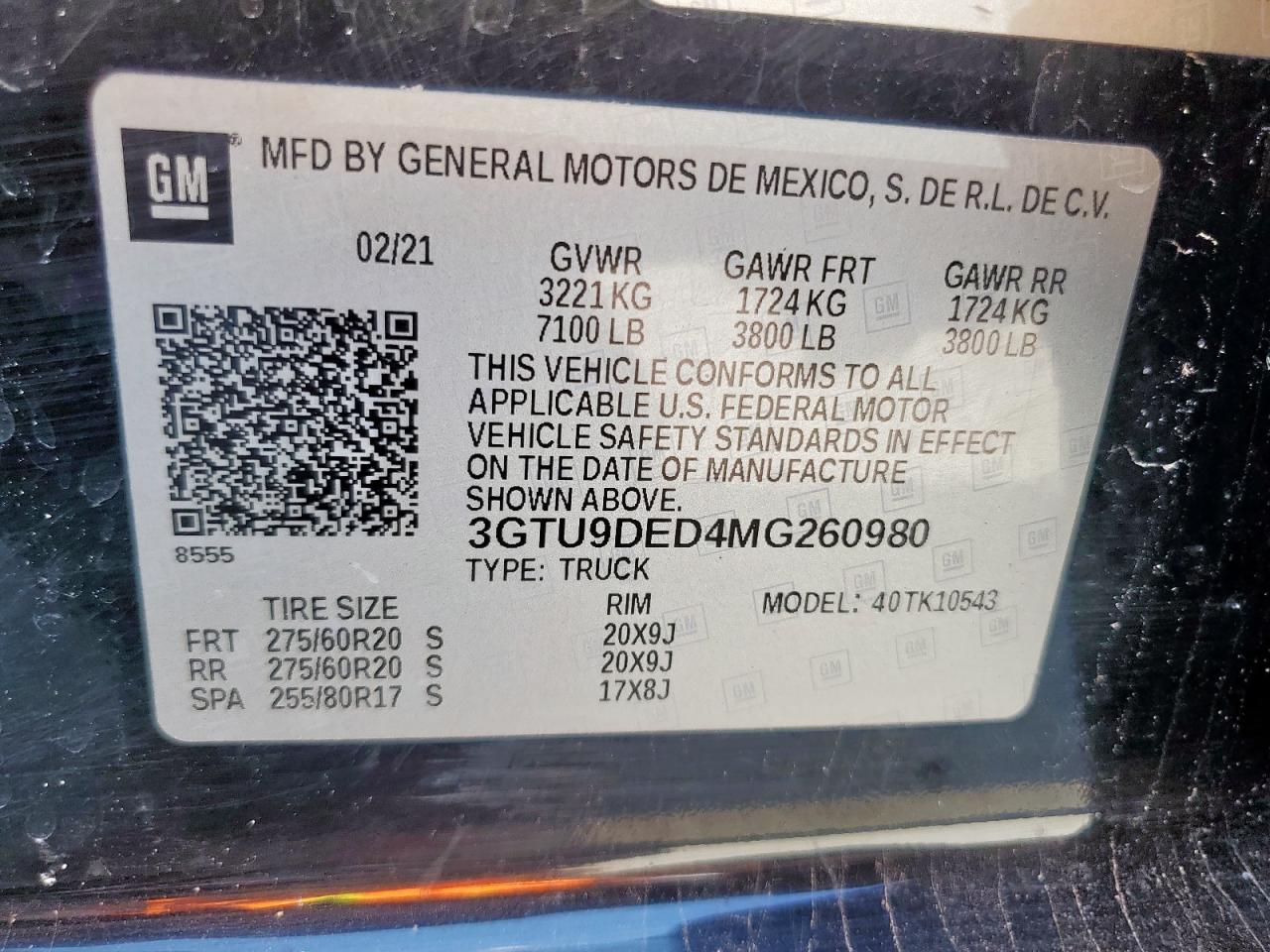 2021 GMC Sierra K1500 Slt VIN: 3GTU9DED4MG260980 Lot: 80397605
