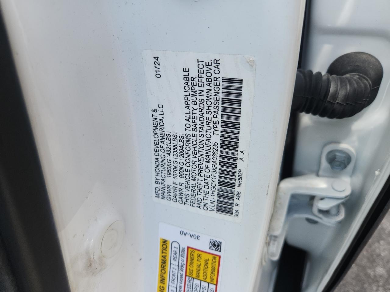 2024 Honda Accord Ex VIN: 1HGCY1F3XRA036235 Lot: 80705605