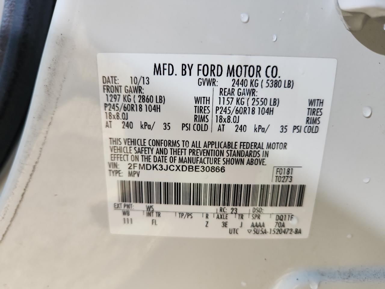 2013 Ford Edge Sel VIN: 2FMDK3JCXDBE30866 Lot: 71234365