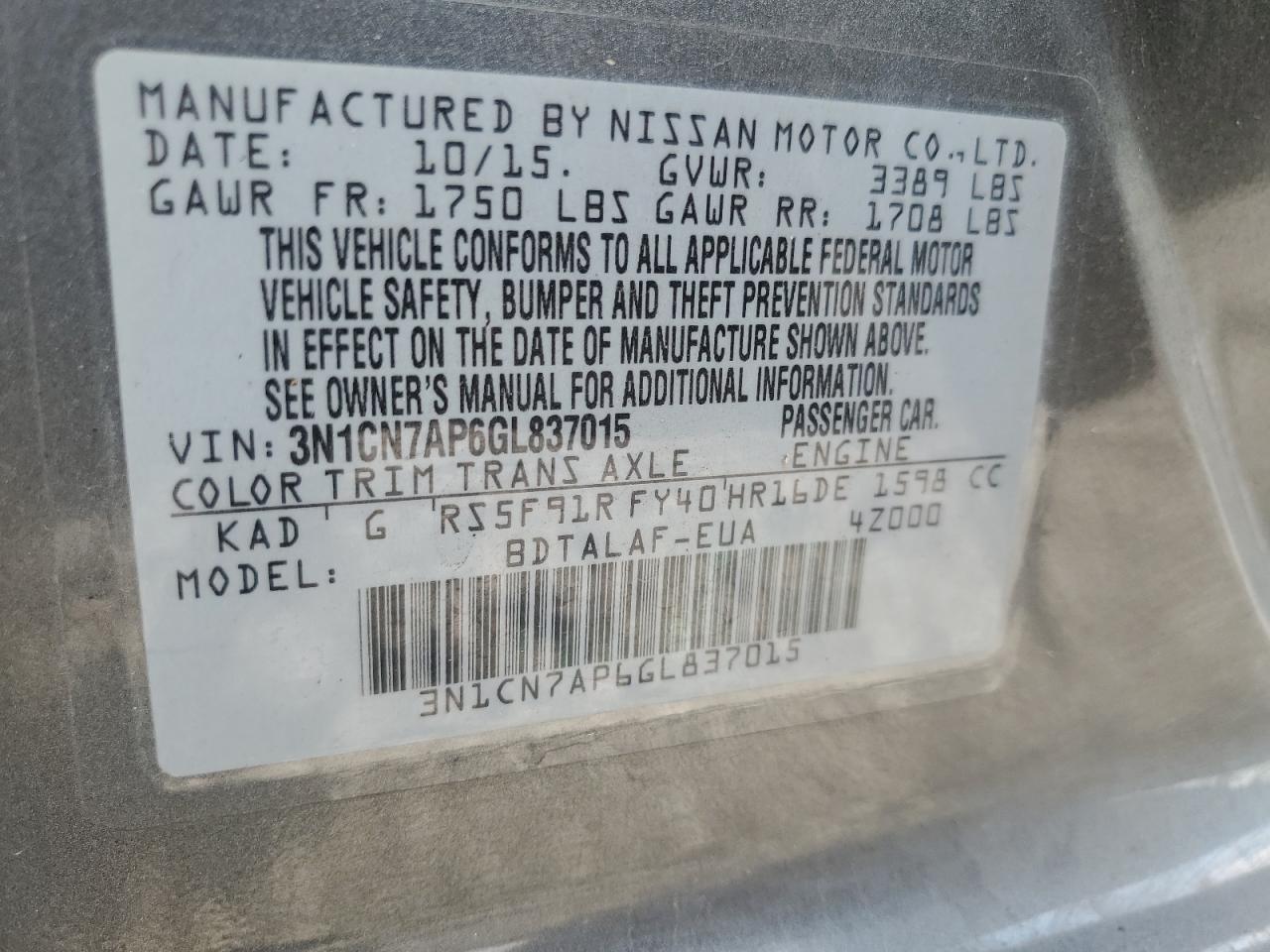 2016 Nissan Versa S VIN: 3N1CN7AP6GL837015 Lot: 81630515