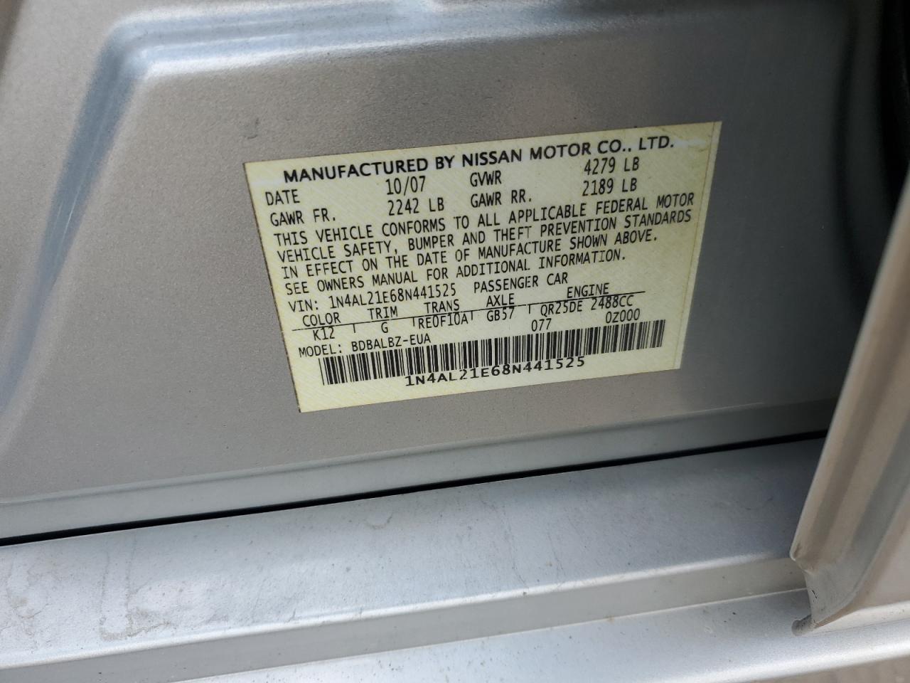 2008 Nissan Altima 2.5 VIN: 1N4AL21E68N441525 Lot: 71518475