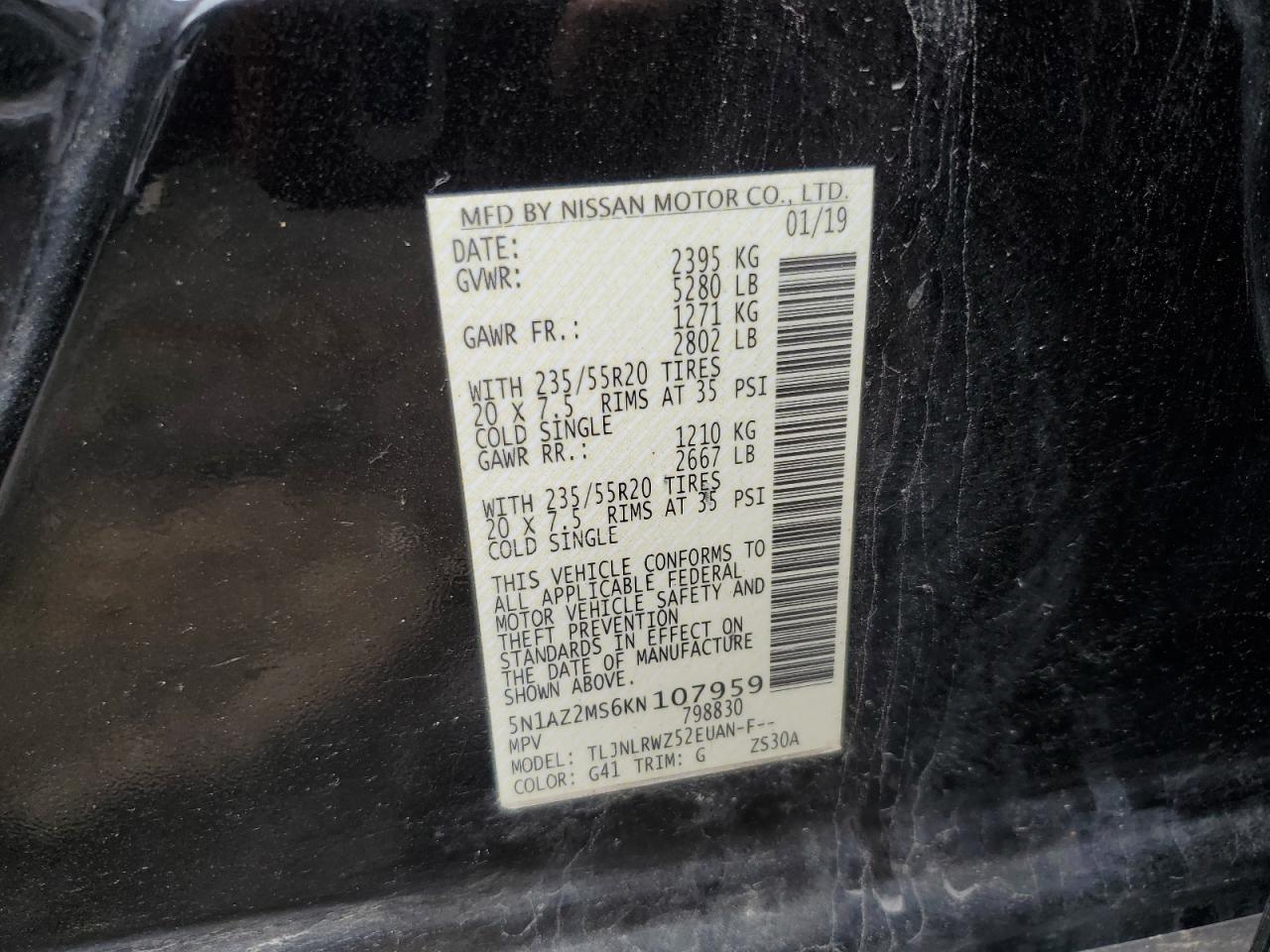 2019 Nissan Murano S VIN: 5N1AZ2MS6KN107959 Lot: 83817225