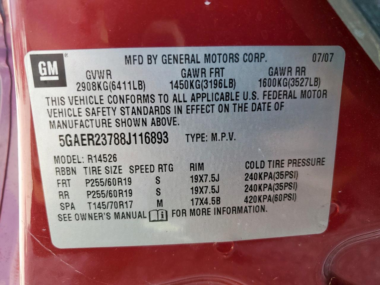 2008 Buick Enclave Cxl VIN: 5GAER23788J116893 Lot: 84268025