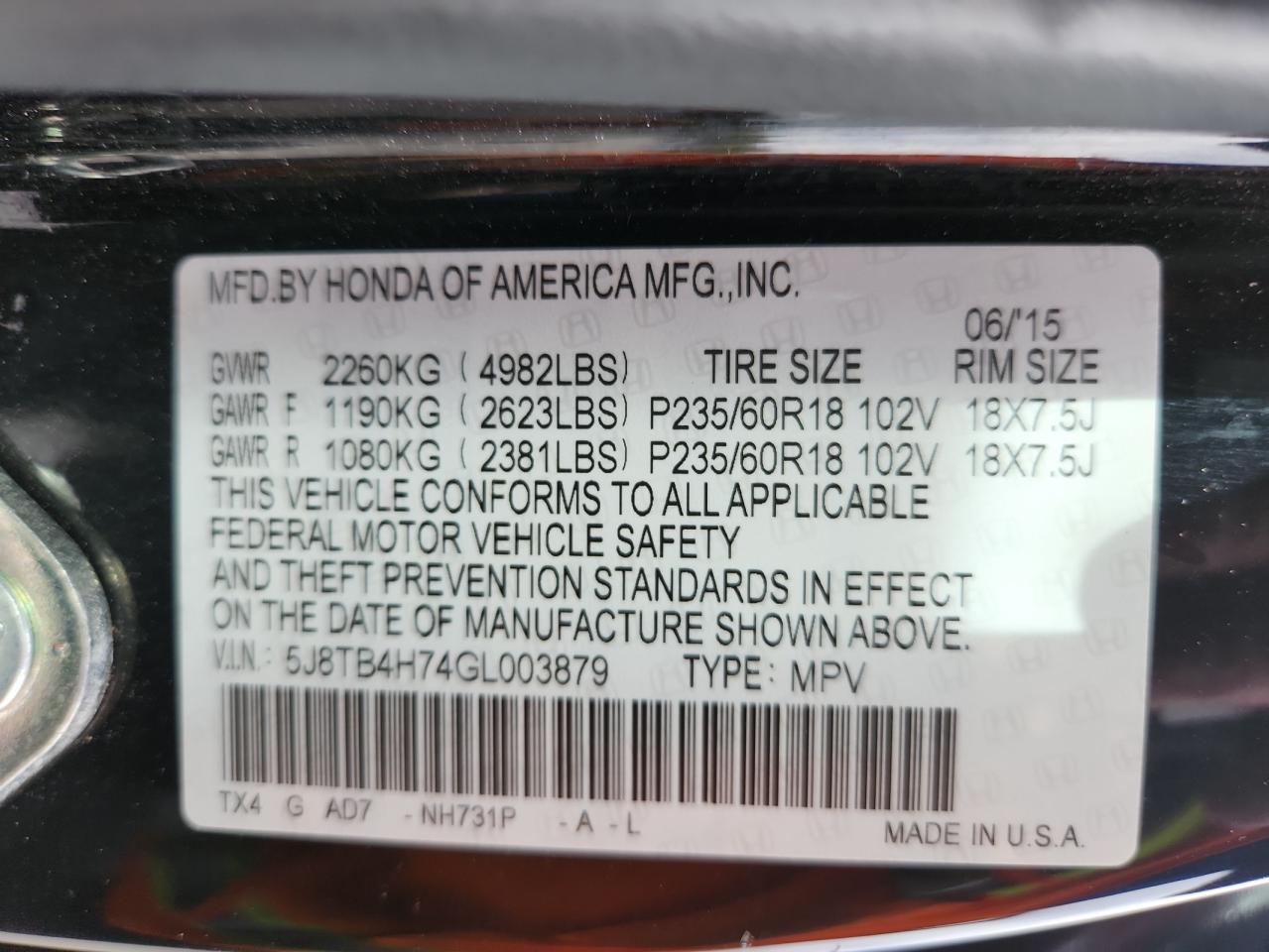 2016 Acura Rdx Advance VIN: 5J8TB4H74GL003879 Lot: 81443345