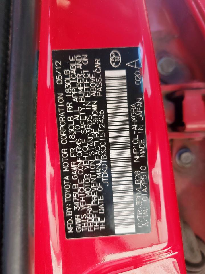 2012 Toyota Prius C VIN: JTDKDTB30C1512426 Lot: 80371245