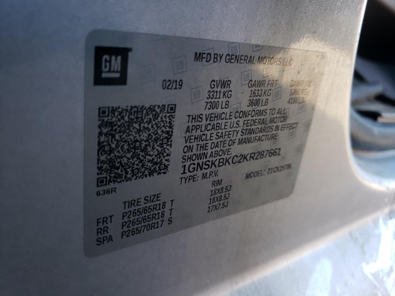 2019 Chevrolet Tahoe K1500 Lt VIN: 1GNSKBKC2KR287661 Lot: 71233305