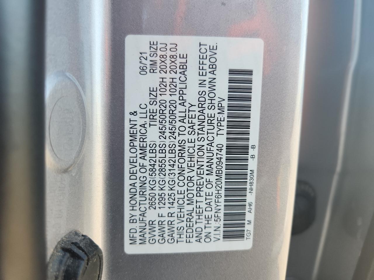 2021 Honda Pilot Se VIN: 5FNYF6H20MB094740 Lot: 81070225