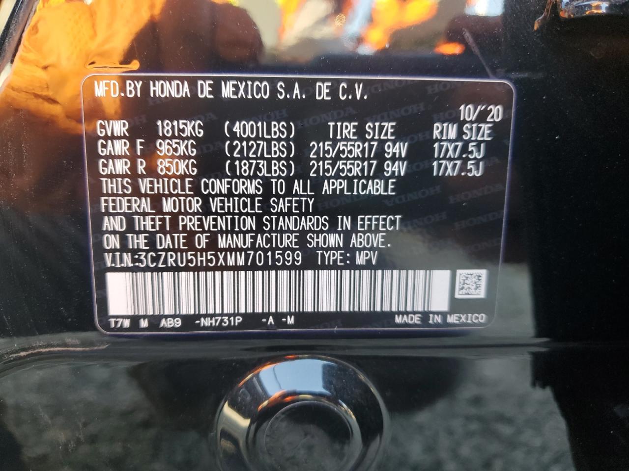 2021 Honda Hr-V Ex VIN: 3CZRU5H5XMM701599 Lot: 83933235