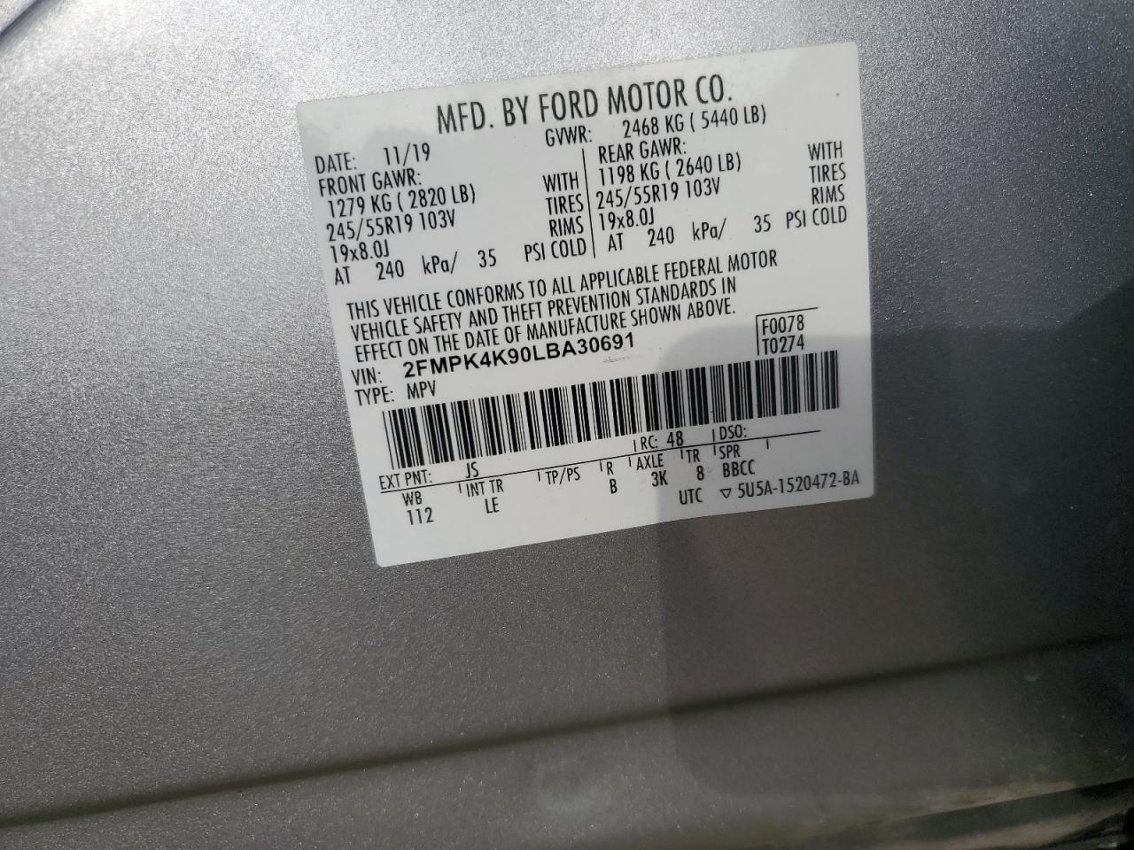 2020 Ford Edge Titanium VIN: 2FMPK4K90LBA30691 Lot: 81686285