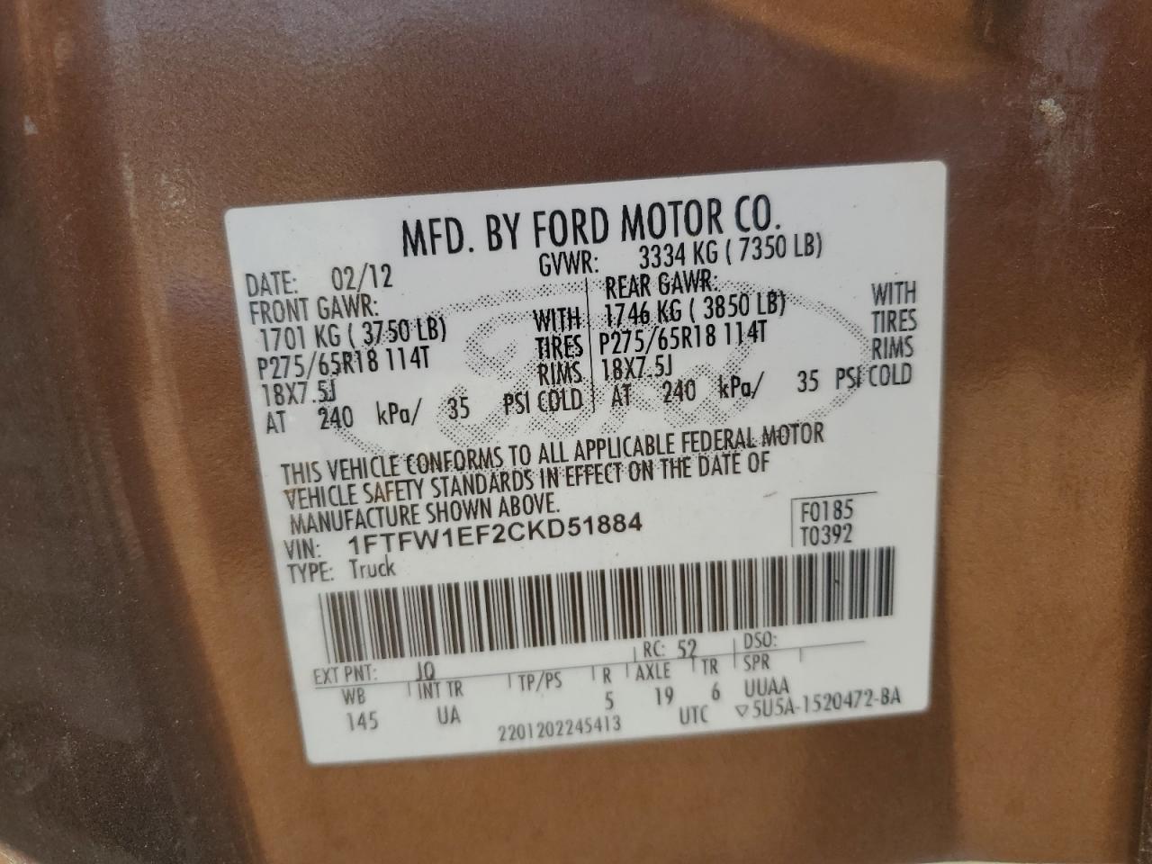 2012 Ford F150 Supercrew VIN: 1FTFW1EF2CKD51884 Lot: 83933055