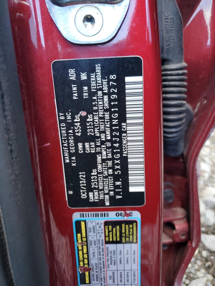 2022 Kia K5 Lxs VIN: 5XXG14J21NG119278 Lot: 80910215