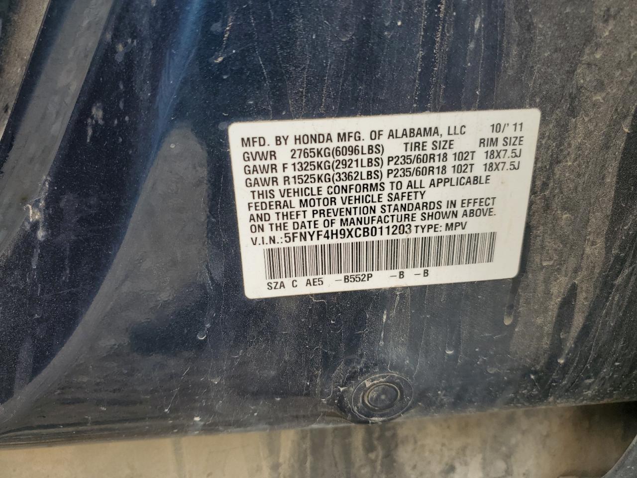 2012 Honda Pilot Touring VIN: 5FNYF4H9XCB011203 Lot: 81515595