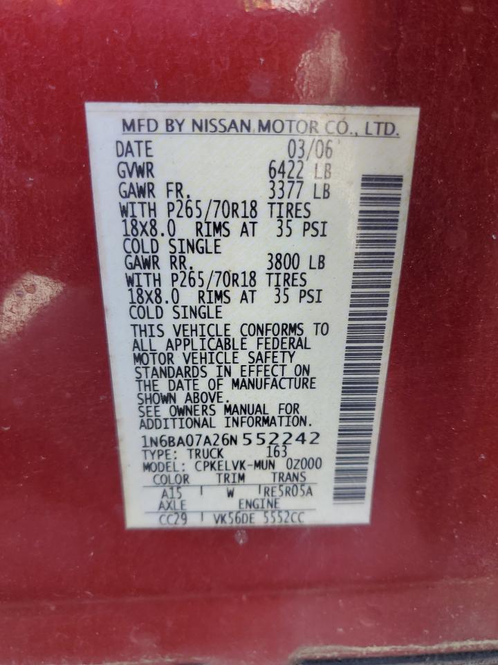 2006 Nissan Titan Xe VIN: 1N6BA07A26N552242 Lot: 80719985