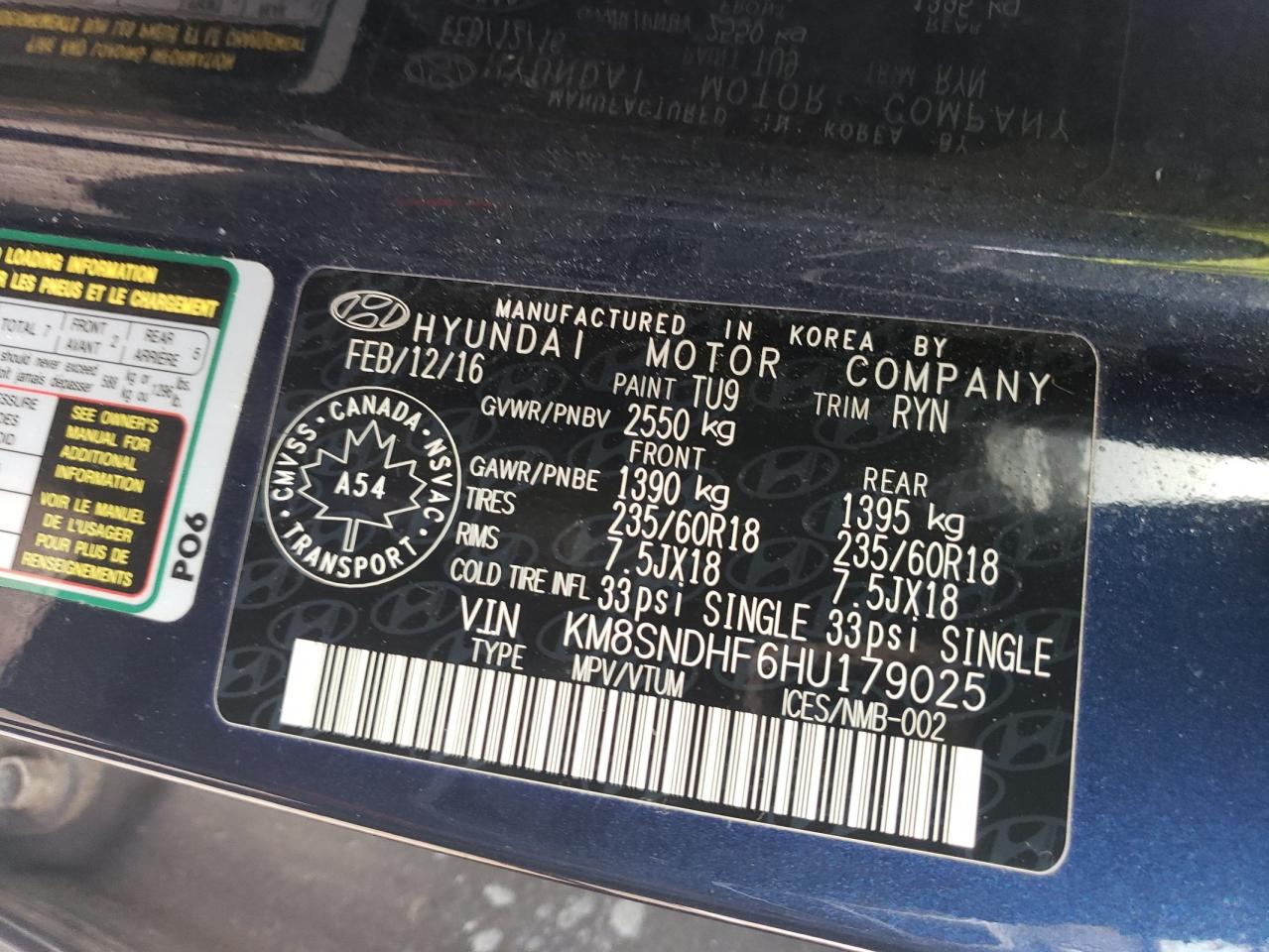 2017 Hyundai Santa Fe Se VIN: KM8SNDHF6HU179025 Lot: 71843665
