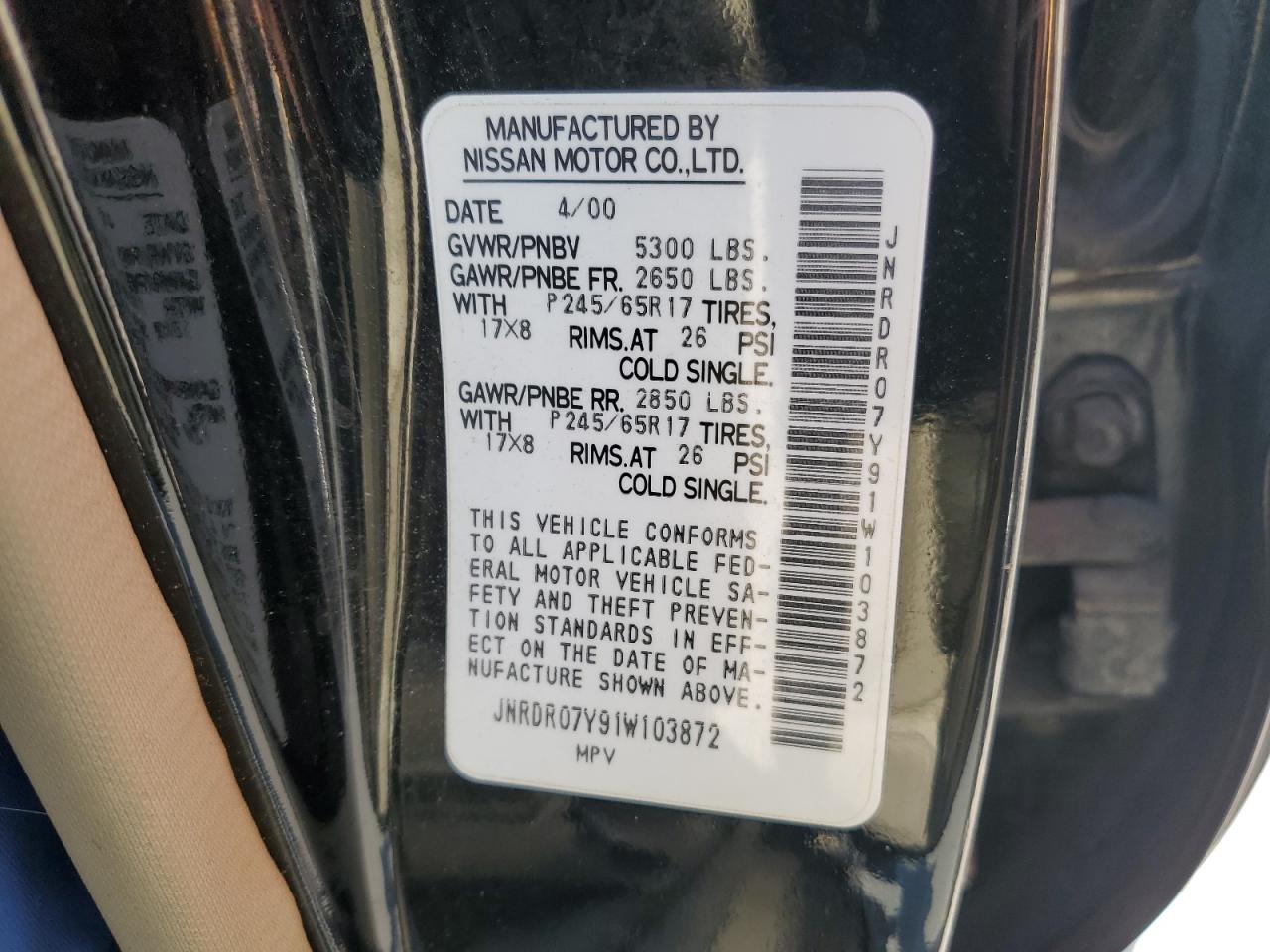 2001 Infiniti Qx4 VIN: JNRDR07Y91W103872 Lot: 80526955