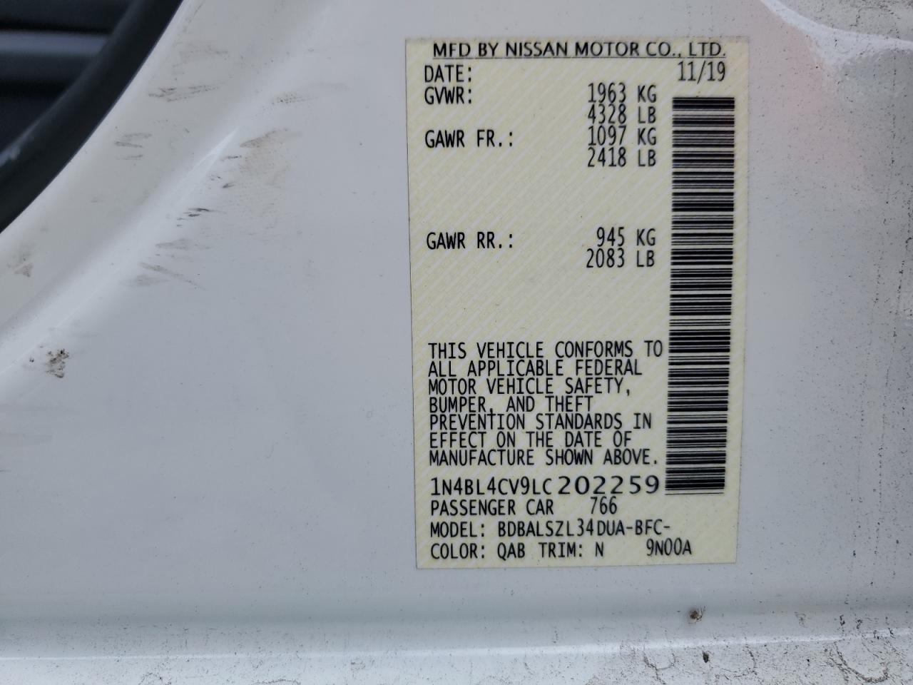 2020 Nissan Altima Sr VIN: 1N4BL4CV9LC202259 Lot: 84205225