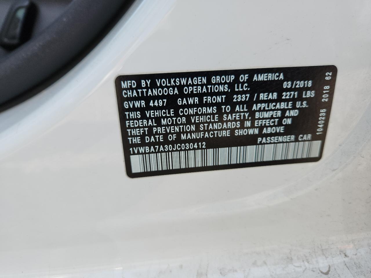 2018 Volkswagen Passat Se VIN: 1VWBA7A30JC030412 Lot: 80492605