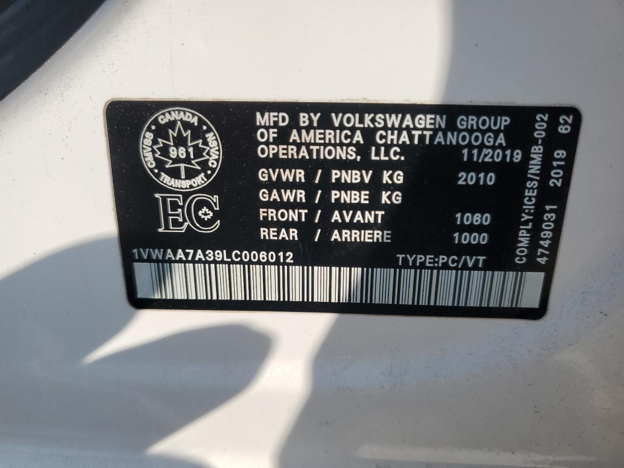 2020 Volkswagen Passat S VIN: 1VWAA7A39LC006012 Lot: 70573975