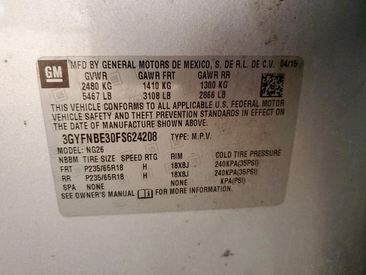 2015 Cadillac Srx Luxury Collection VIN: 3GYFNBE30FS624208 Lot: 71368825