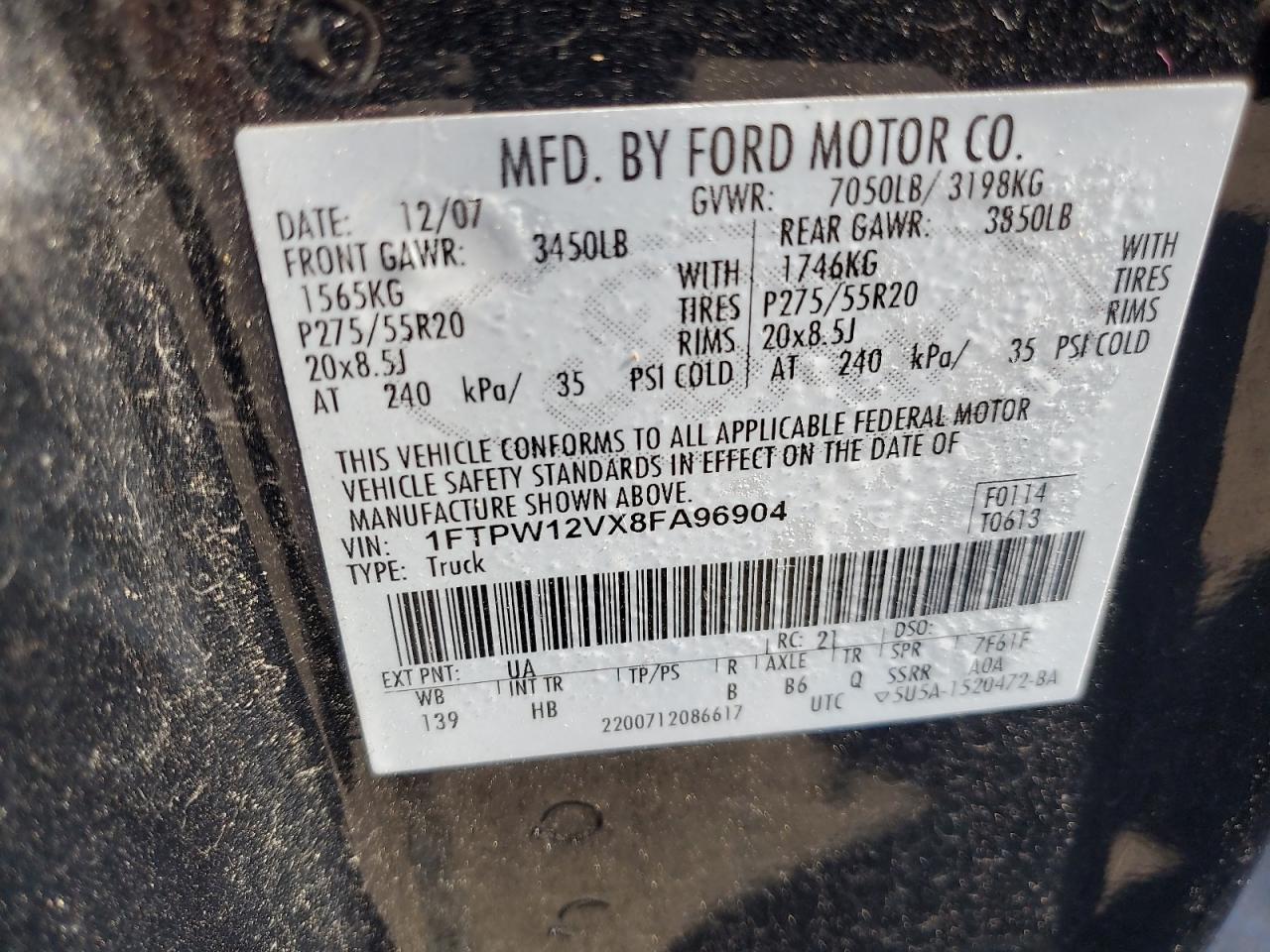 2008 Ford F150 Supercrew VIN: 1FTPW12VX8FA96904 Lot: 70687685