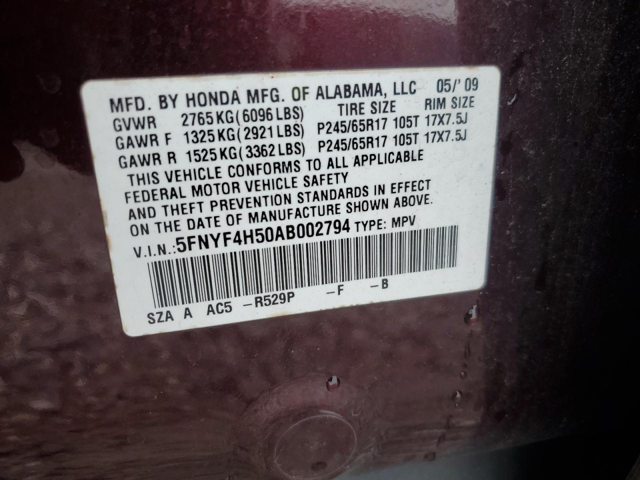 2010 Honda Pilot Exl VIN: 5FNYF4H50AB002794 Lot: 80206315