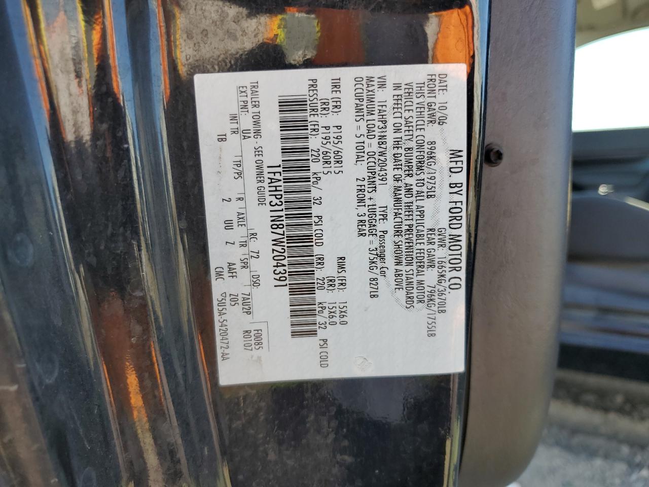 2007 Ford Focus Zx3 VIN: 1FAHP31N87W204391 Lot: 81766505