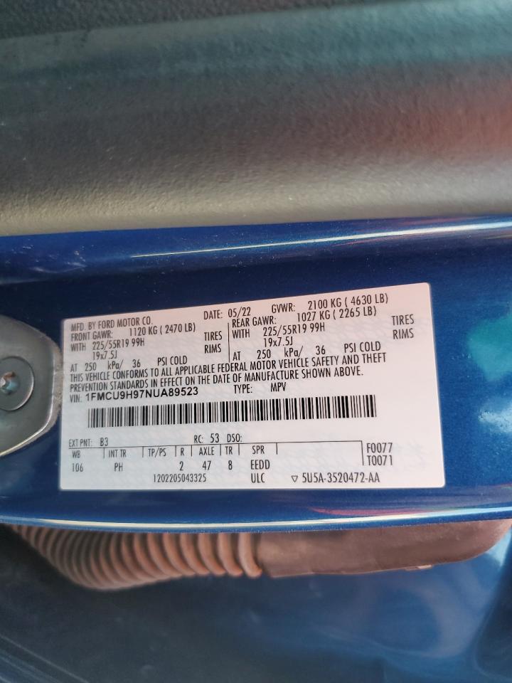 2022 Ford Escape Sel VIN: 1FMCU9H97NUA89523 Lot: 70837085