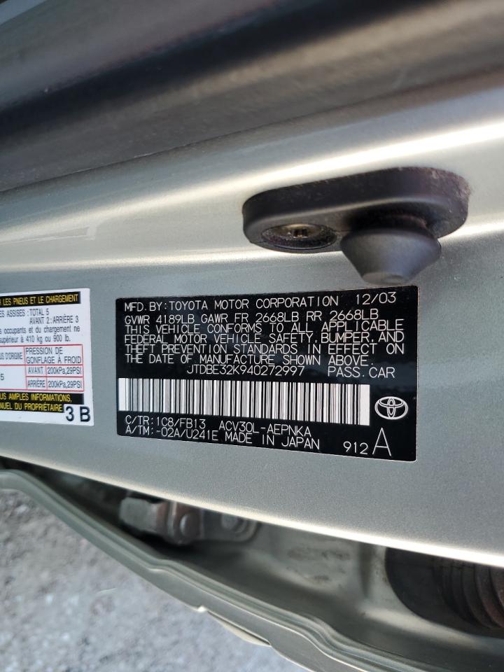 2004 Toyota Camry Le VIN: JTDBE32K940272997 Lot: 71156415