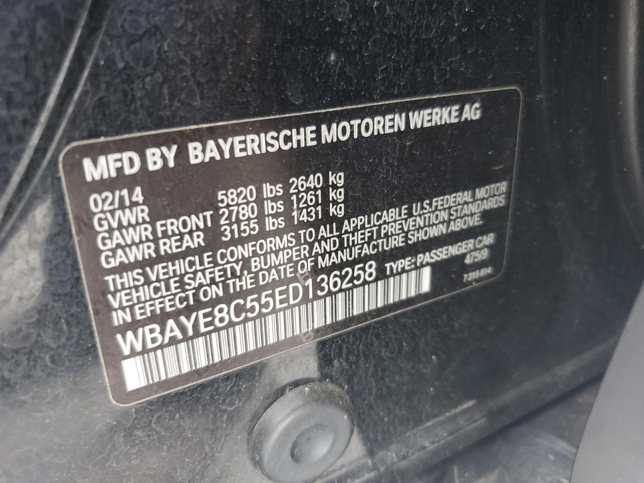 2014 BMW 750 Li VIN: WBAYE8C55ED136258 Lot: 80250895