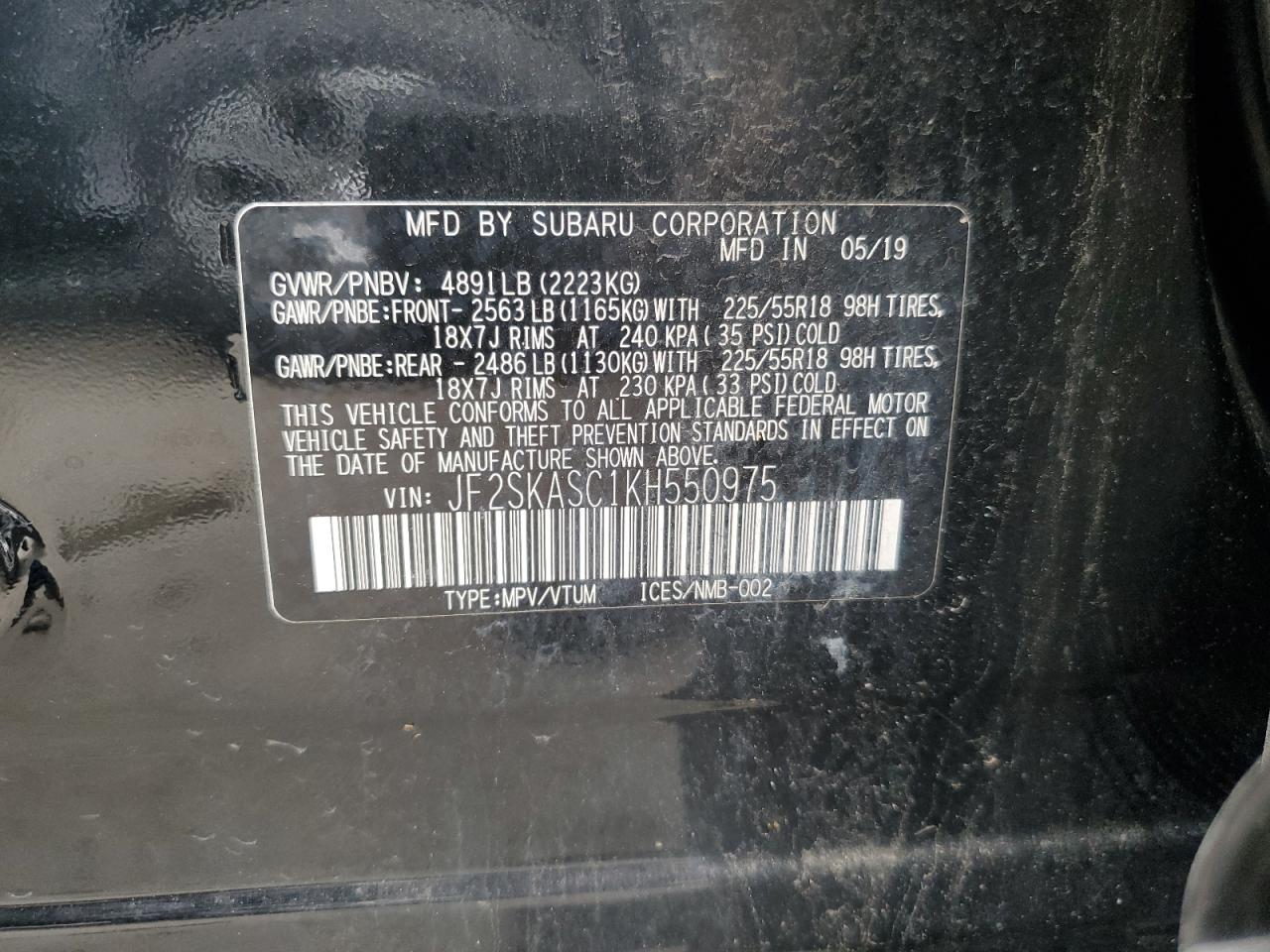 2019 Subaru Forester Limited VIN: JF2SKASC1KH550975 Lot: 82051385