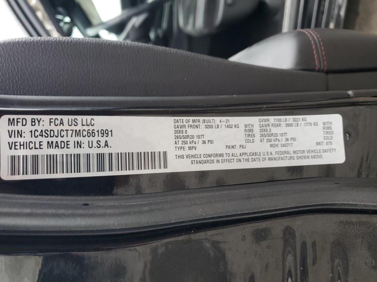 2021 Dodge Durango R/T VIN: 1C4SDJCT7MC661991 Lot: 71723405